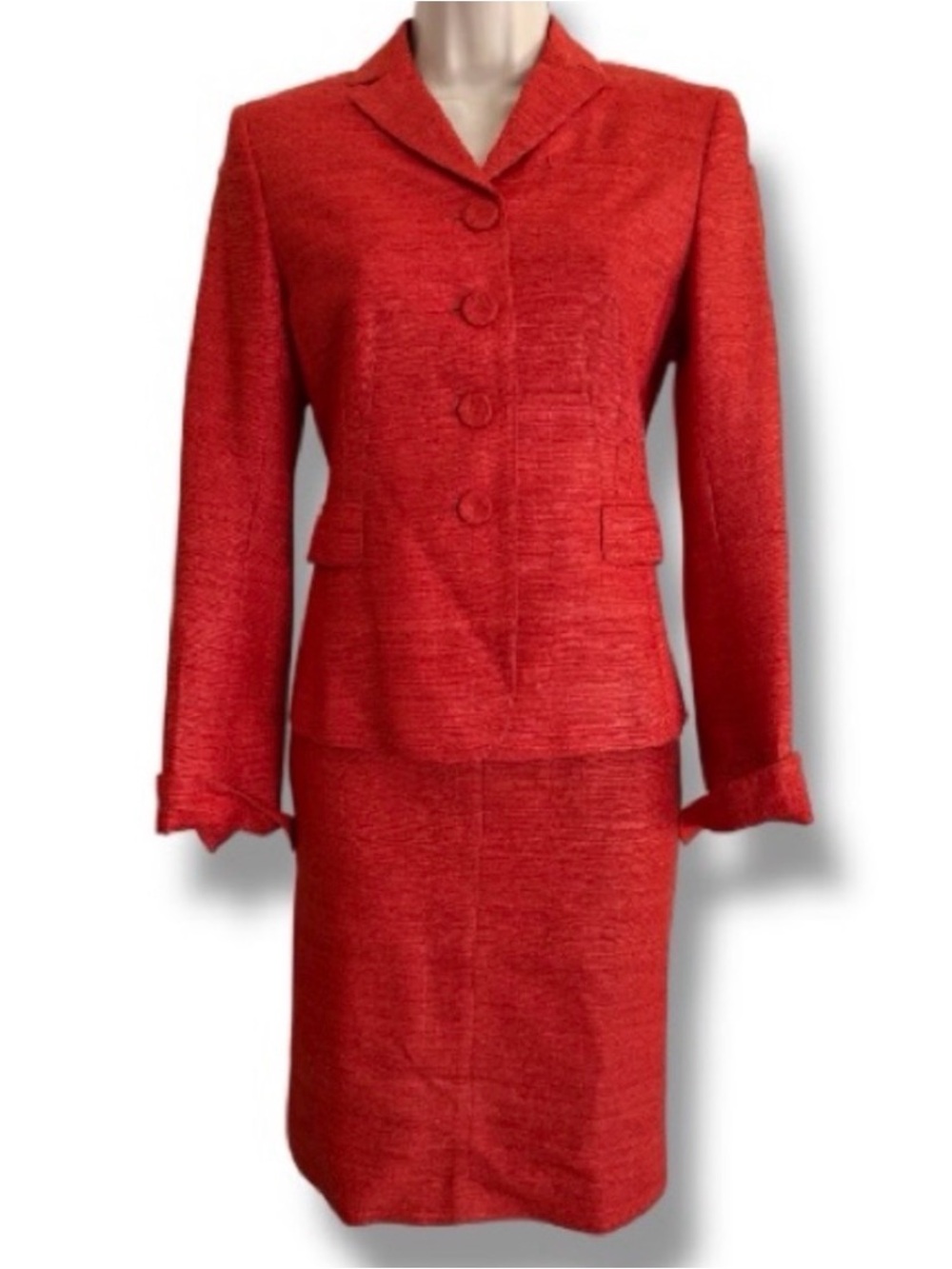 Akris Punto Silk Skirt Blazer Set Orange Red Jacket Size 2 Skirt Size 4 Vintage